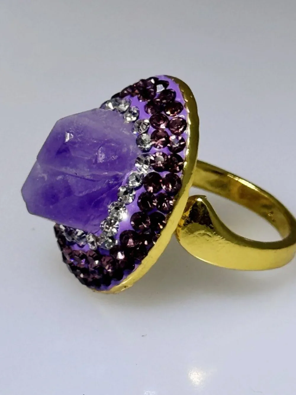 Gold plate fashion ring, NWOT, adjustable, raw Amethyst crystal center, CZs